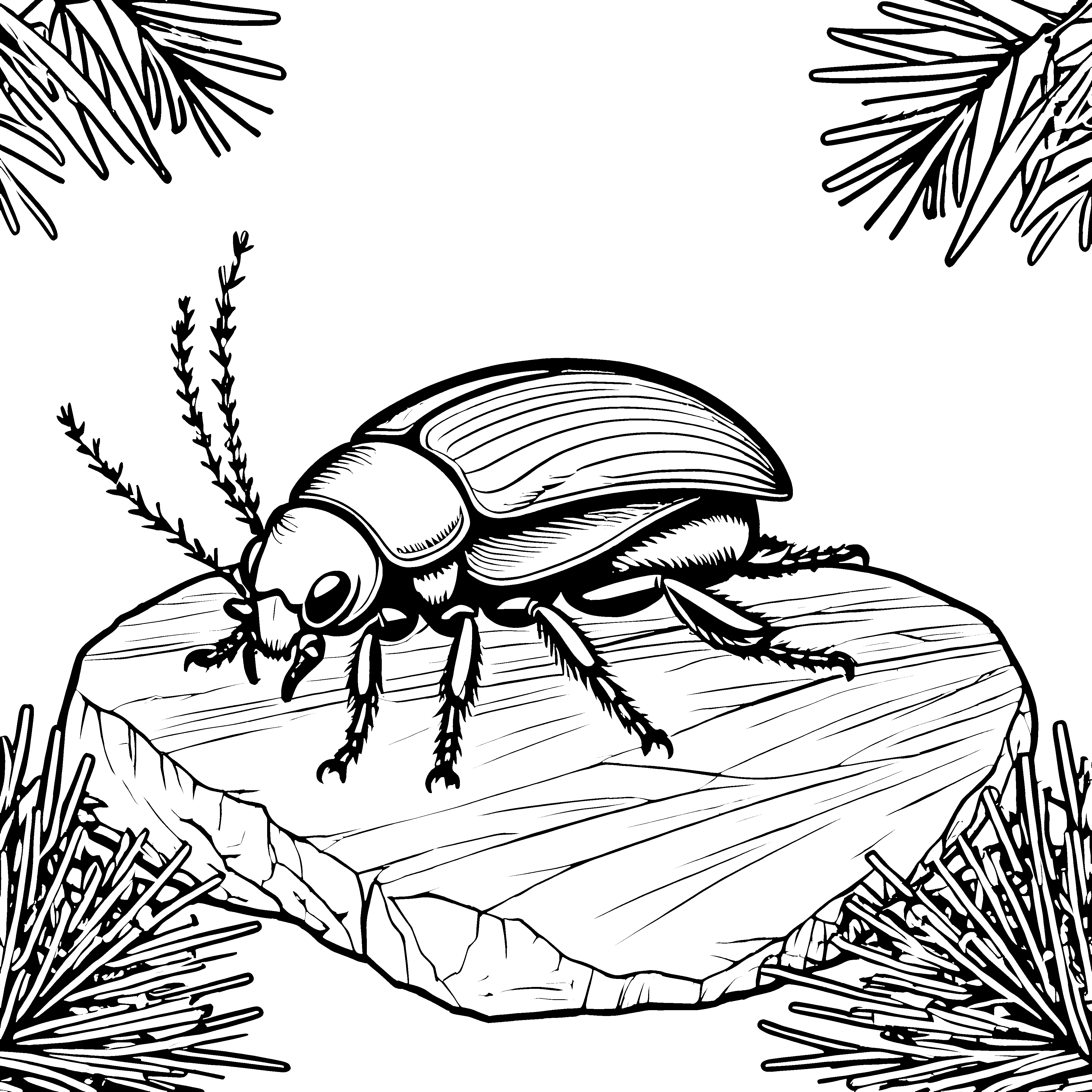Der kleine Borkenkäfer auf Holz mit Nadelzweigen zum Ausmalen