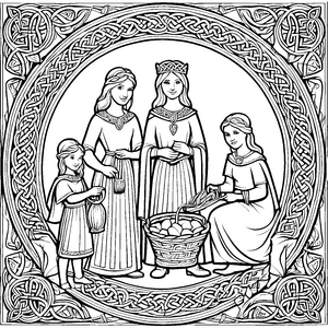 Die keltische Familie mit dem Früchtekorb Ausmalbild fuer kleine Entdecker