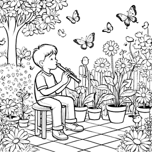 Der Junge spielt Flöte im Blumenbeet Ausmalbild fuer kleine Entdecker