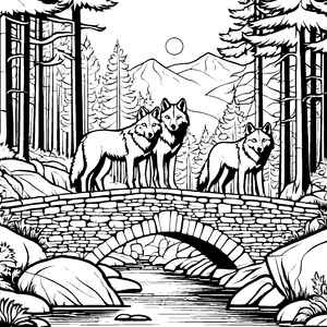 Wölfe auf der Steinbrücke im Wald malen zum Ausmalen