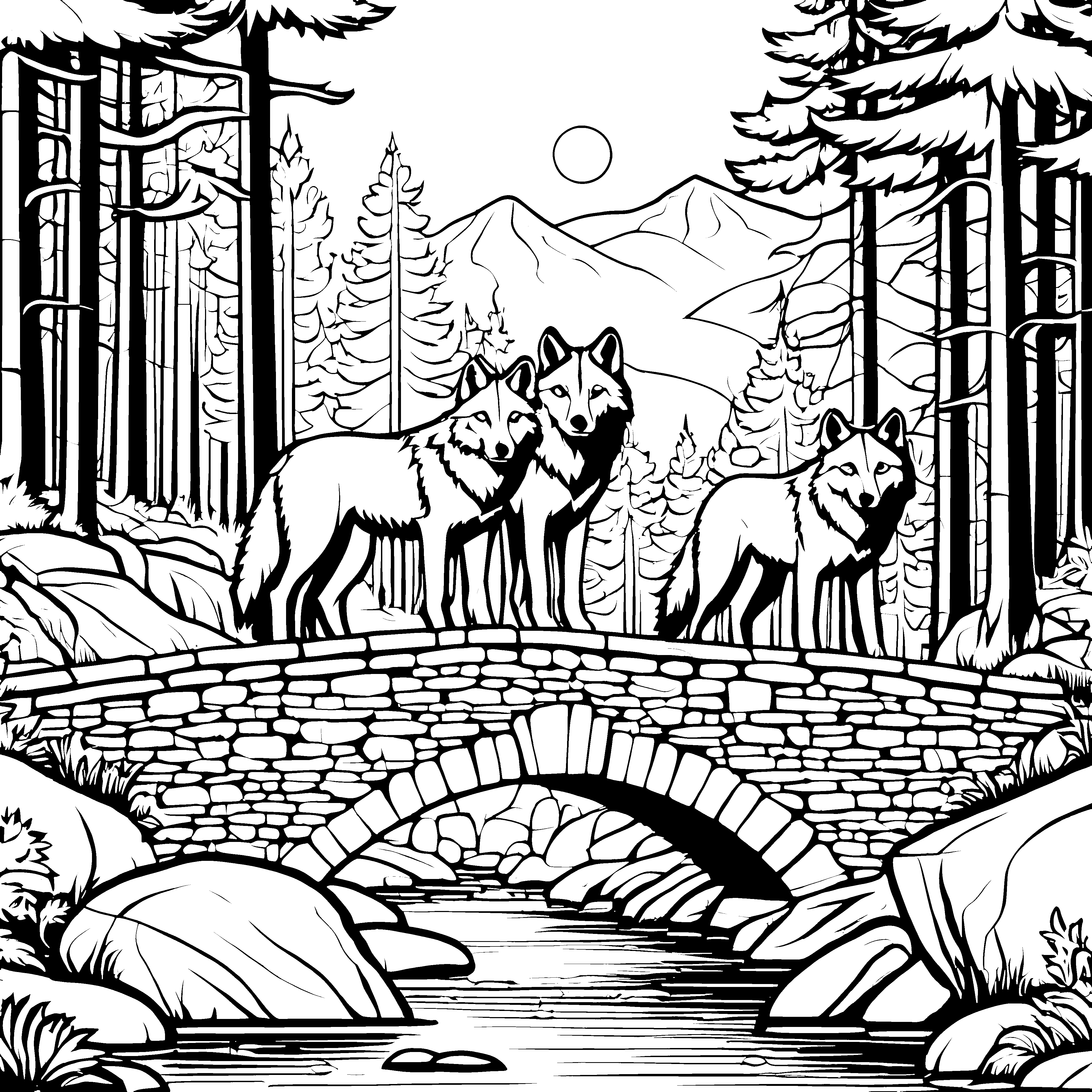 Wölfe auf der Steinbrücke im Wald malen zum Ausmalen