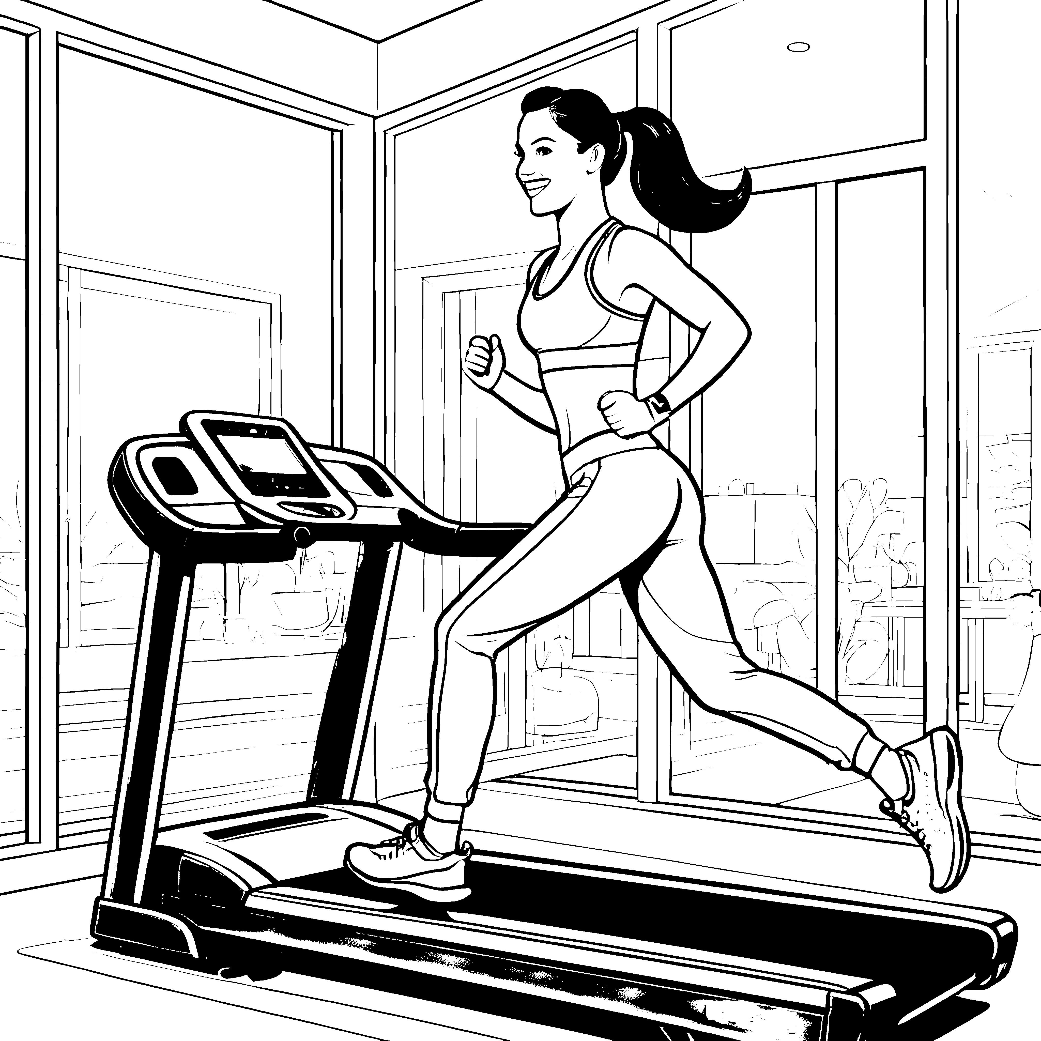 Sportliche Frau auf dem Laufband im Fitnessstudio Ausmalbild fuer kleine Entdecker