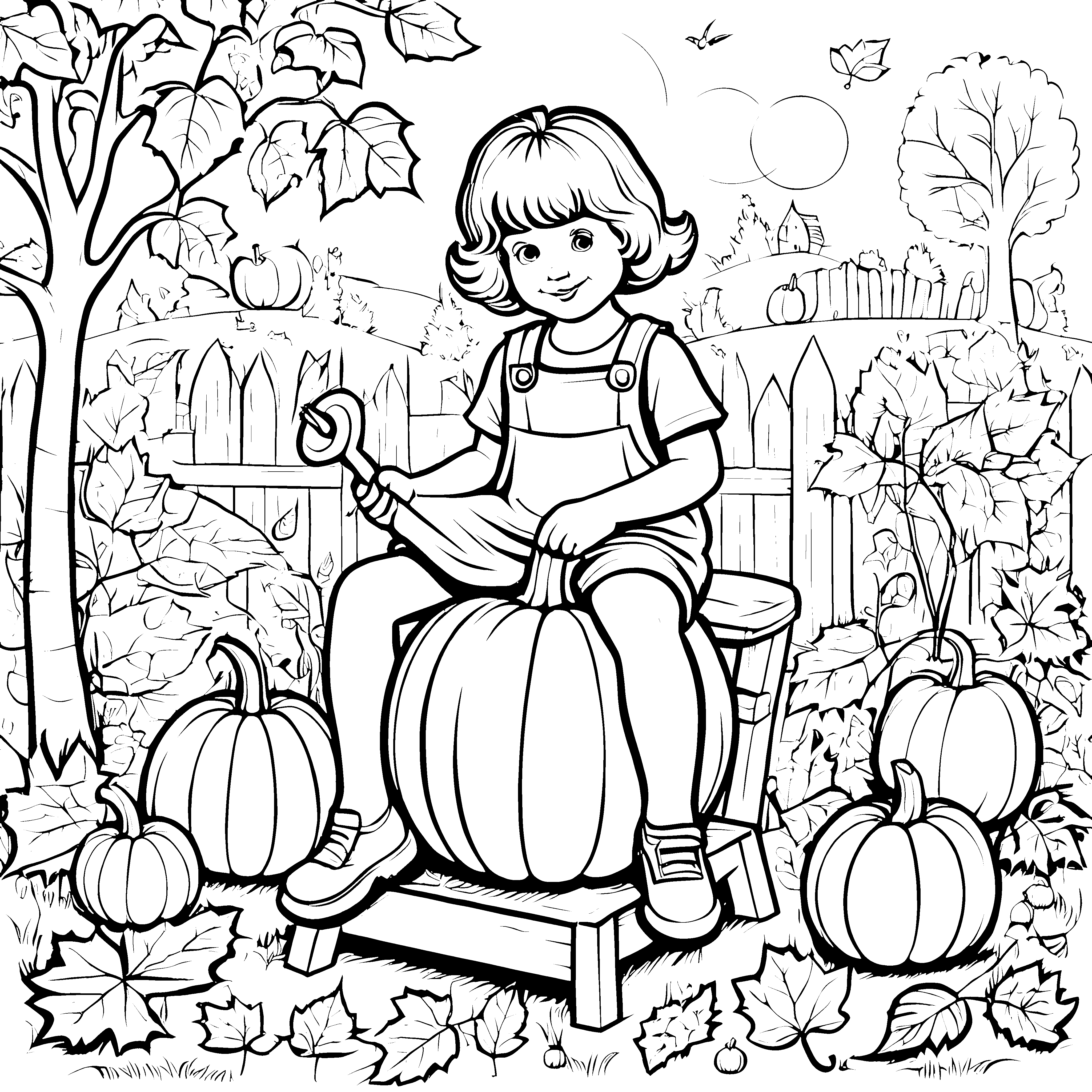 Mädchen mit großen Kürbissen im herbstlichen Garten Ausmalbild fuer kleine Entdecker