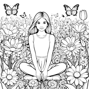 Mädchen im Frühlingsblumenfeld mit Schmetterlingen Ausmalbild fuer kleine Entdecker