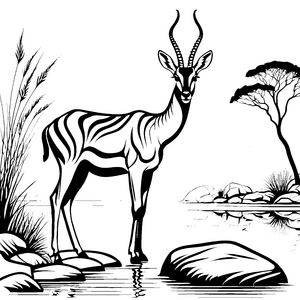 Malspaß mit der Gazelle am Flussufer bei Felsen und Gräsern