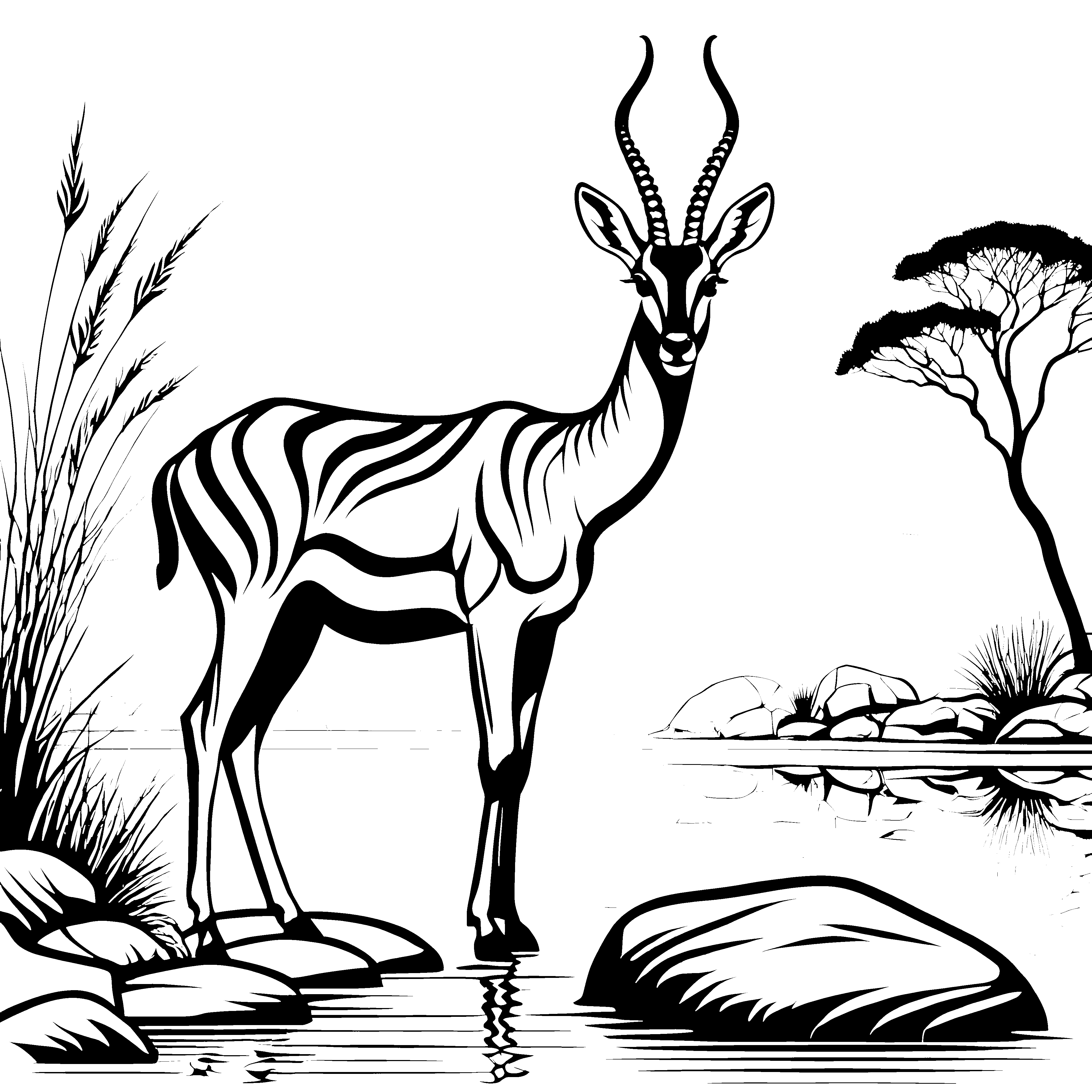 Malspaß mit der Gazelle am Flussufer bei Felsen und Gräsern