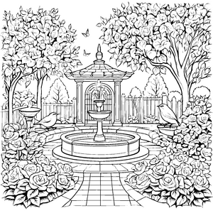 Blumengarten der Vögel: Ein malerisches Ausmalbild mit Rosen und Brunnen