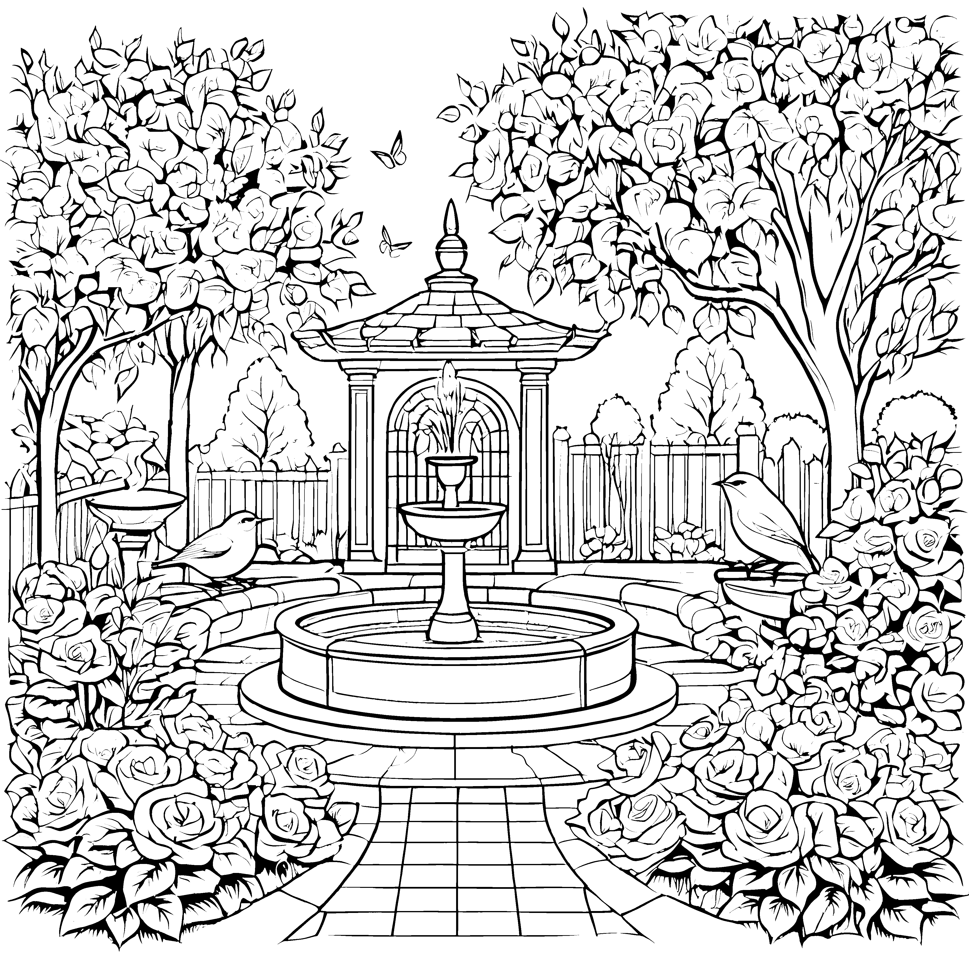Blumengarten der Vögel: Ein malerisches Ausmalbild mit Rosen und Brunnen