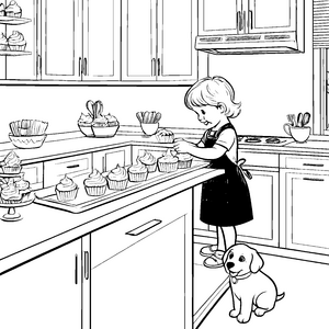 Cupcakes backen mit Freund und Hund in der Küche