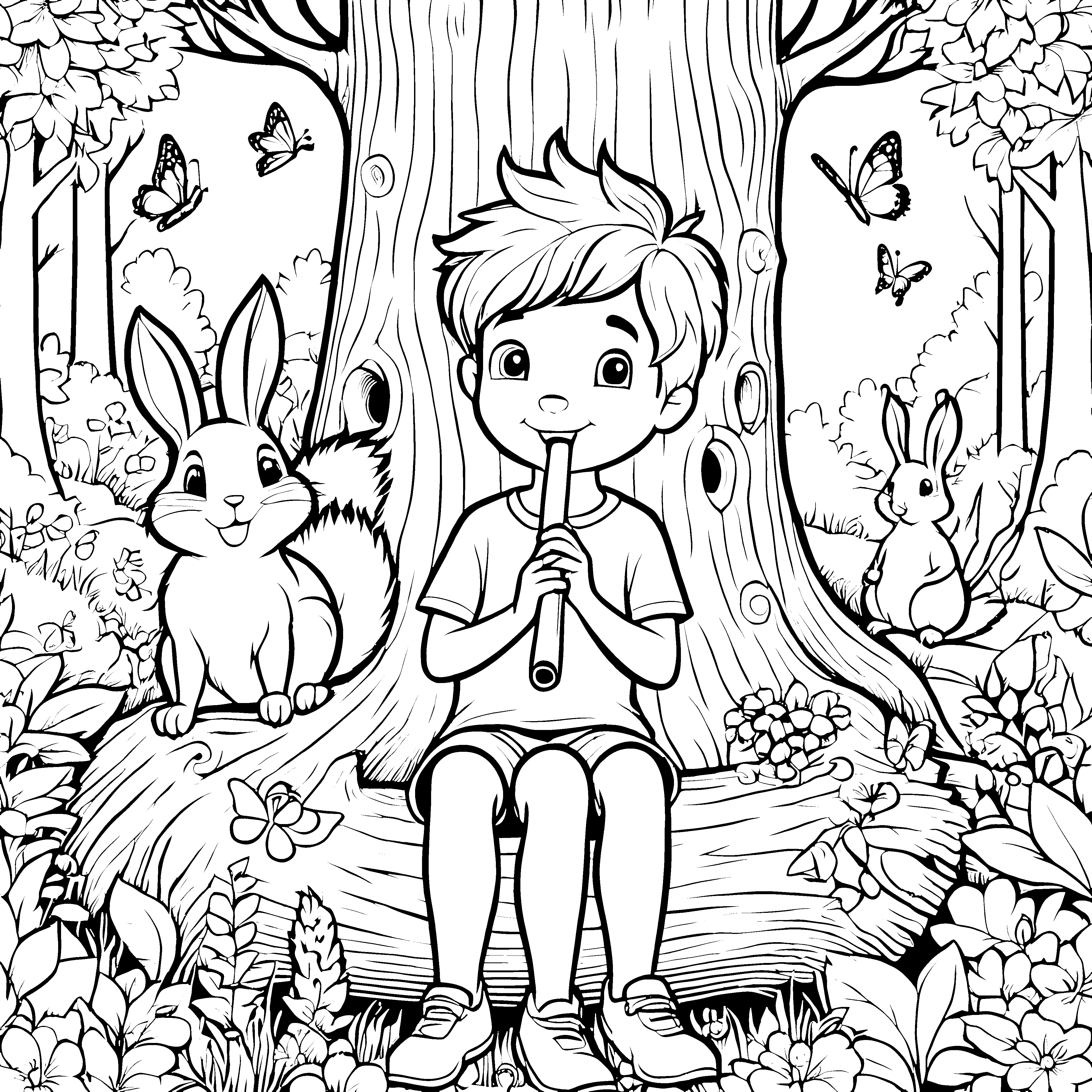 Der Junge spielt Flöte im Wald mit Kaninchen - Ausmalbild fuer kleine Tierfreunde