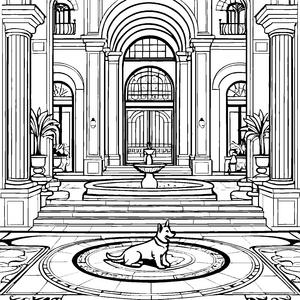 Der Hund vor dem prachtvollen Hotelbrunnen zum Ausmalen
