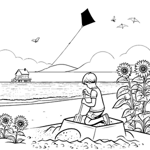 Mein Sandburgabenteuer am sonnigen Strand mit Sonnenblumen