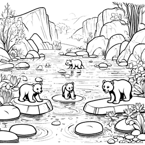Höhlenbär-Jungtiere im Fluss mit Steinen und Wasserpflanzen – Ausmalbild fuer kleine Tierfreunde