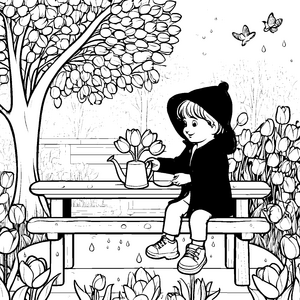 Tulpenzauber im Garten: Ein Ausmalbild für kleine Künstler