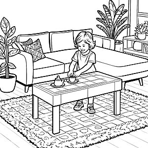 Ein Kind mit Teekanne am gemütlichen Couchtisch – Ausmalbild fuer kleine Entdecker