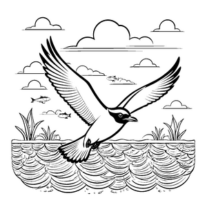 Die fliegende Möwe über den Wellen - Ausmalbild fuer kleine Entdecker