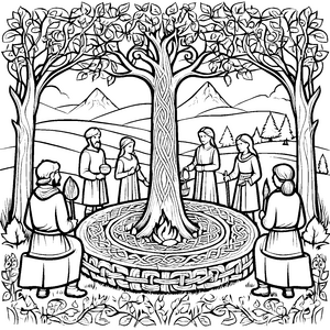 Keltenversammlug am heiligen Baum mit Feuer und Knotenmustern Ausmalbild fuer kleine Entdecker
