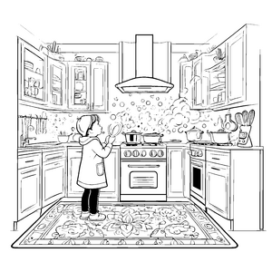 Kochen mit der Dunstabzugshaube in der Küche – Ausmalbild fuer kleine Tierfreunde