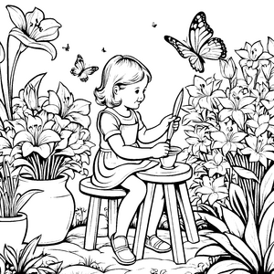 Das kleine Mädchen im Garten der Lilien Ausmalbild fuer kleine Entdecker