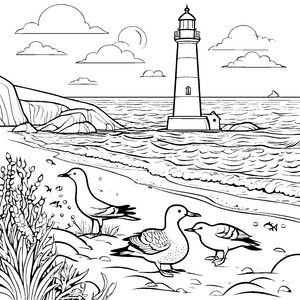 Möwen am Strand mit Leuchtturm Ausmalbild fuer kleine Entdecker