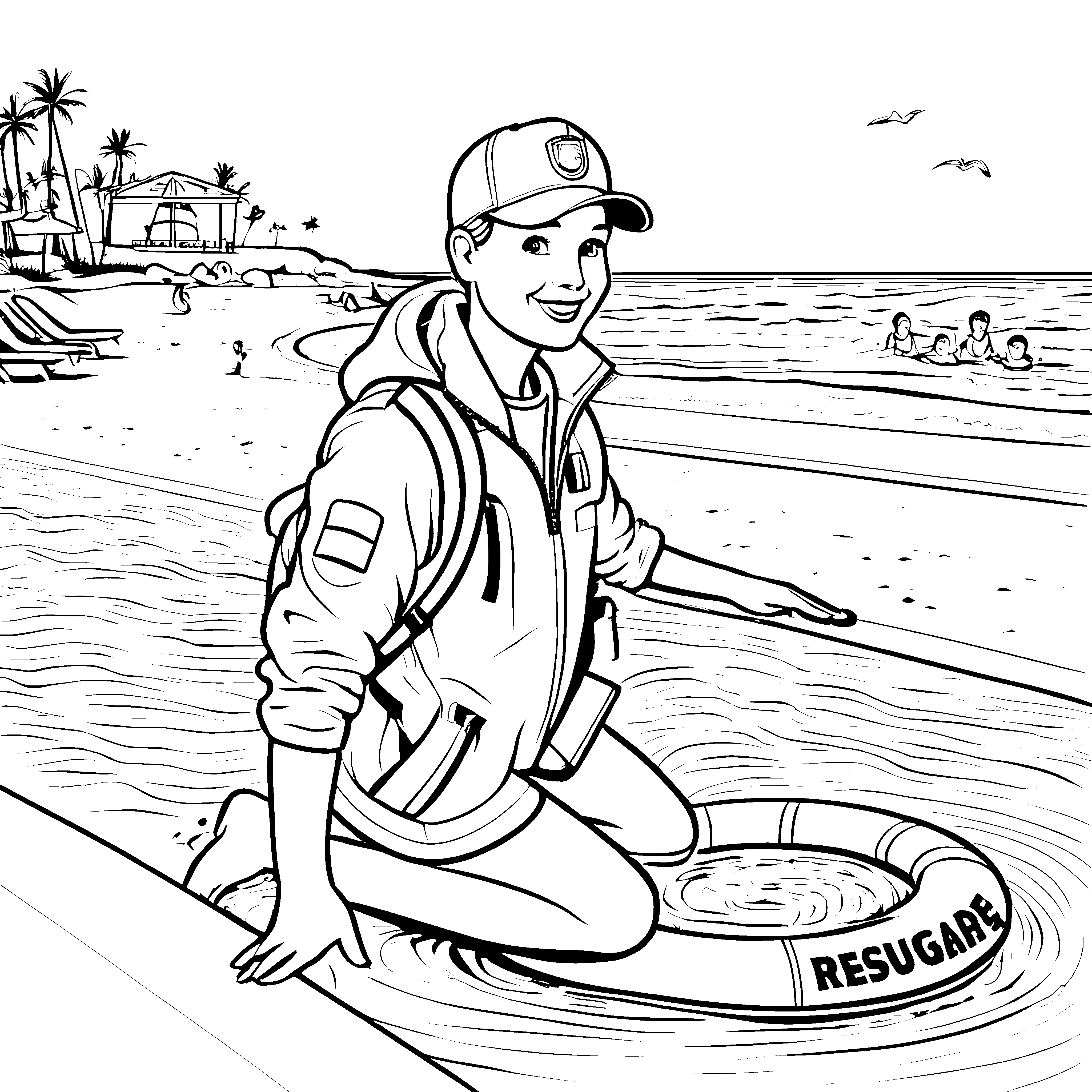 Der freundliche Rettungsschwimmer am Strand mit Ring