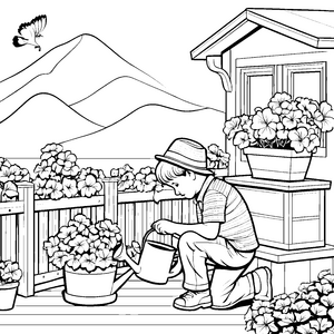 Kleines Kind gießt Blumenkübel vor der Gartenhütte ausmalen