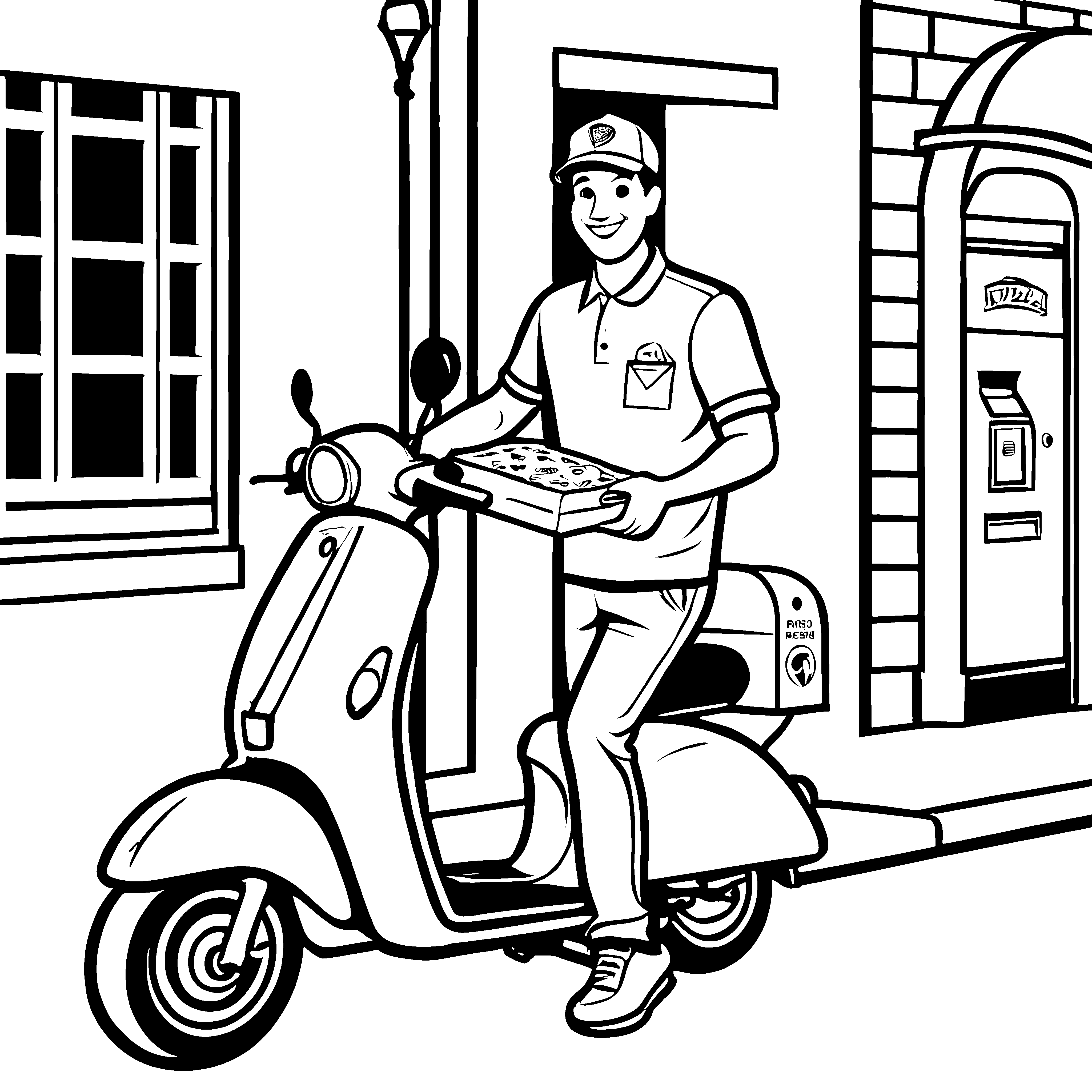 Der Pizzabote auf dem Roller mit der Pizza zum Ausmalen