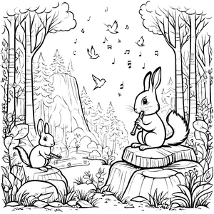 Musizierende Kaninchen mit Flöten im Wald - Ausmalbild fuer kleine Tierfreunde