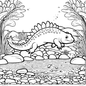 Axolotl im Teich: Ein süßes Ausmalbild mit Pflanzen und Steinen