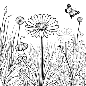 Löwenzahn mit Schmetterling und Marienkäfer auf der Wiese - Ausmalbild fuer kleine Entdecker