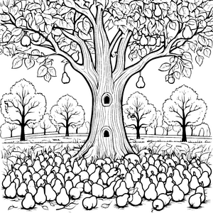 Der große Birnenbaum mit Baumhäusern und vielen Früchten - Ausmalbild fuer kleine Entdecker