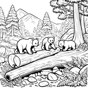 Höhlenbär-Jungtiere auf dem Baumstamm im Wald - Ausmalbild fuer kleine Tierfreunde