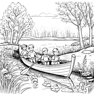 Kinder paddeln in einem Ruderboot auf dem ruhigen Gewässer