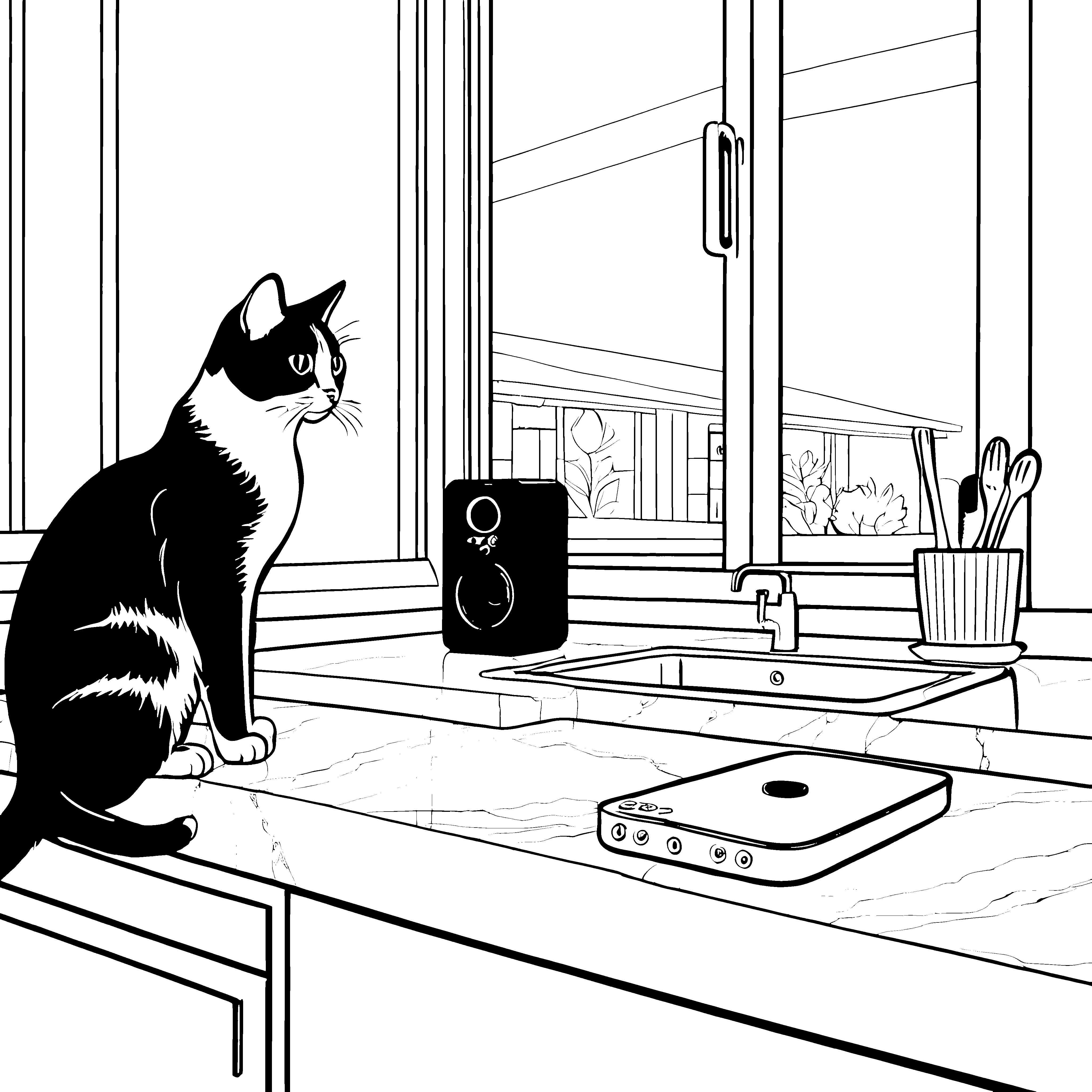 Die Katze in der Küche mit Lautsprechern zum Ausmalen