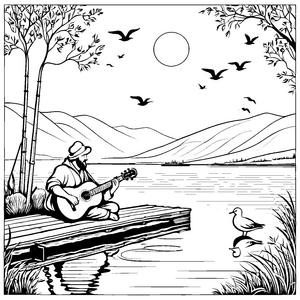 Der bärtige Barde spielt am Teich mit seinen Freunden