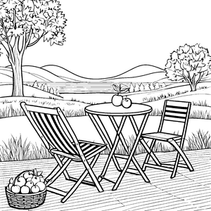 Picknick mit Klappstühlen, Obstkorb und malerischer Landschaft zum Ausmalen