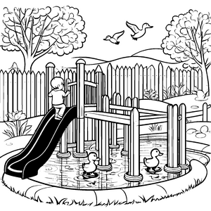 Malen mit Enten am Spielplatz zwischen Holzzäunen