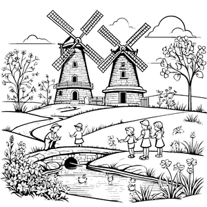 Die Kinder bei den Windmühlen am Bach malenbilder