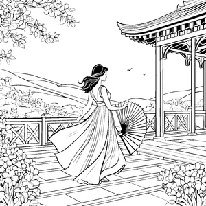 Die elegante Dame mit ihrem Handfächer im asiatischen Garten malend