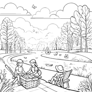 Kinder im Park mit Klappstühlen und Picknickkorb malen