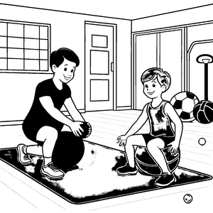 Jungs trainieren im Fitnessstudio mit Medizinbällen Ausmalbild fuer kleine Entdecker