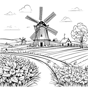 Windmühlen und Blumenwiesen auf dem idyllischen Bauernhof