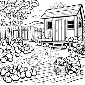 Kartoffeln sortieren im Gartenhaus – Ausmalbild fuer kleine Tierfreunde