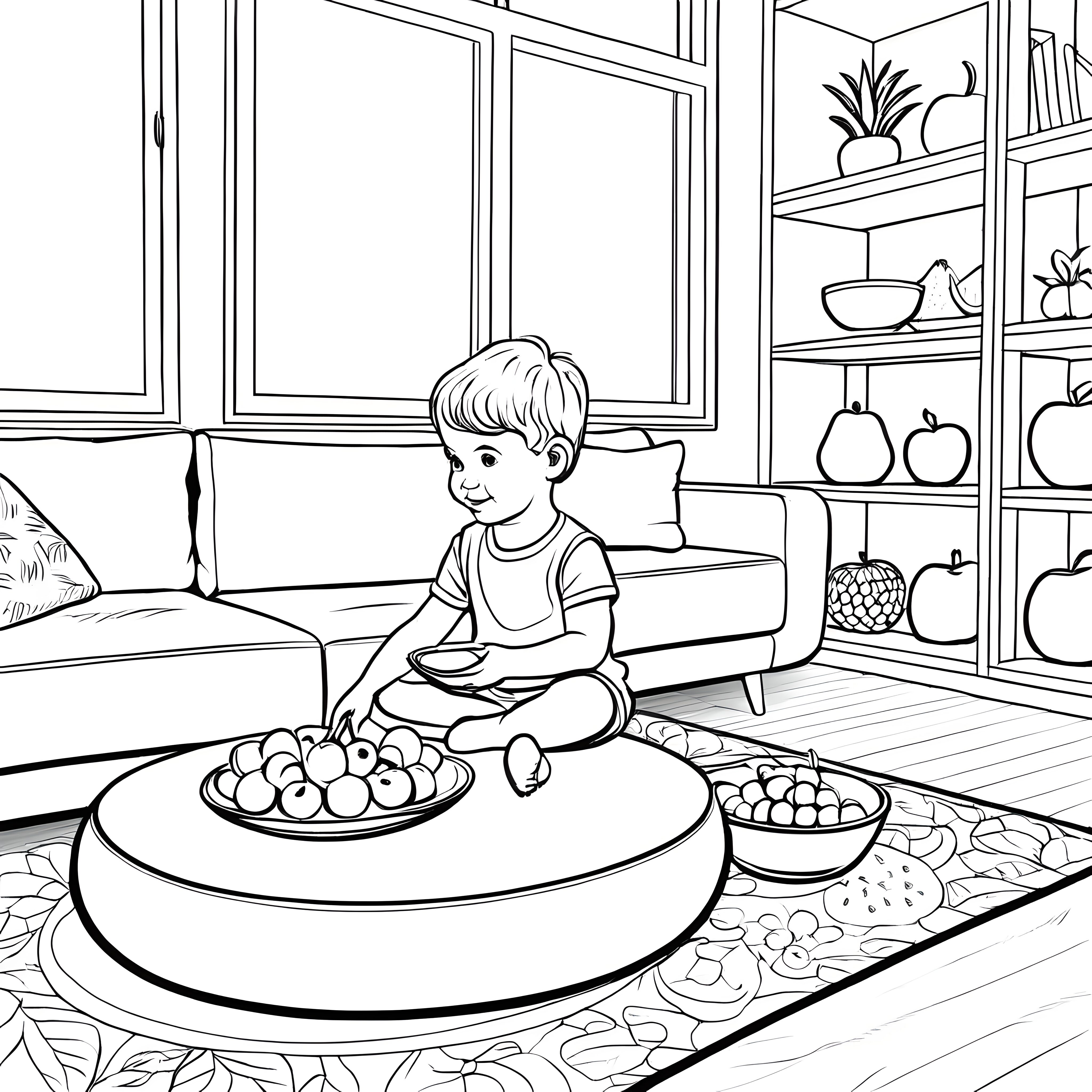 Der Junge mit der Obstschale auf dem Couchtisch - Ausmalbild fuer kleine Entdecker