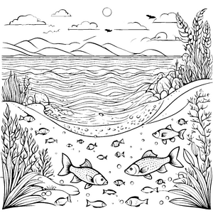 Möwen über dem Meer mit Fischen und Wasserpflanzen Ausmalbild fuer kleine Entdecker