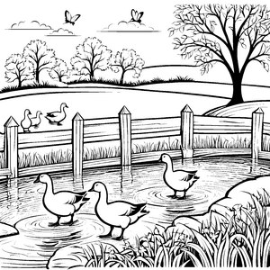Gänse im Teich vor dem Hofzaun zum Ausmalen