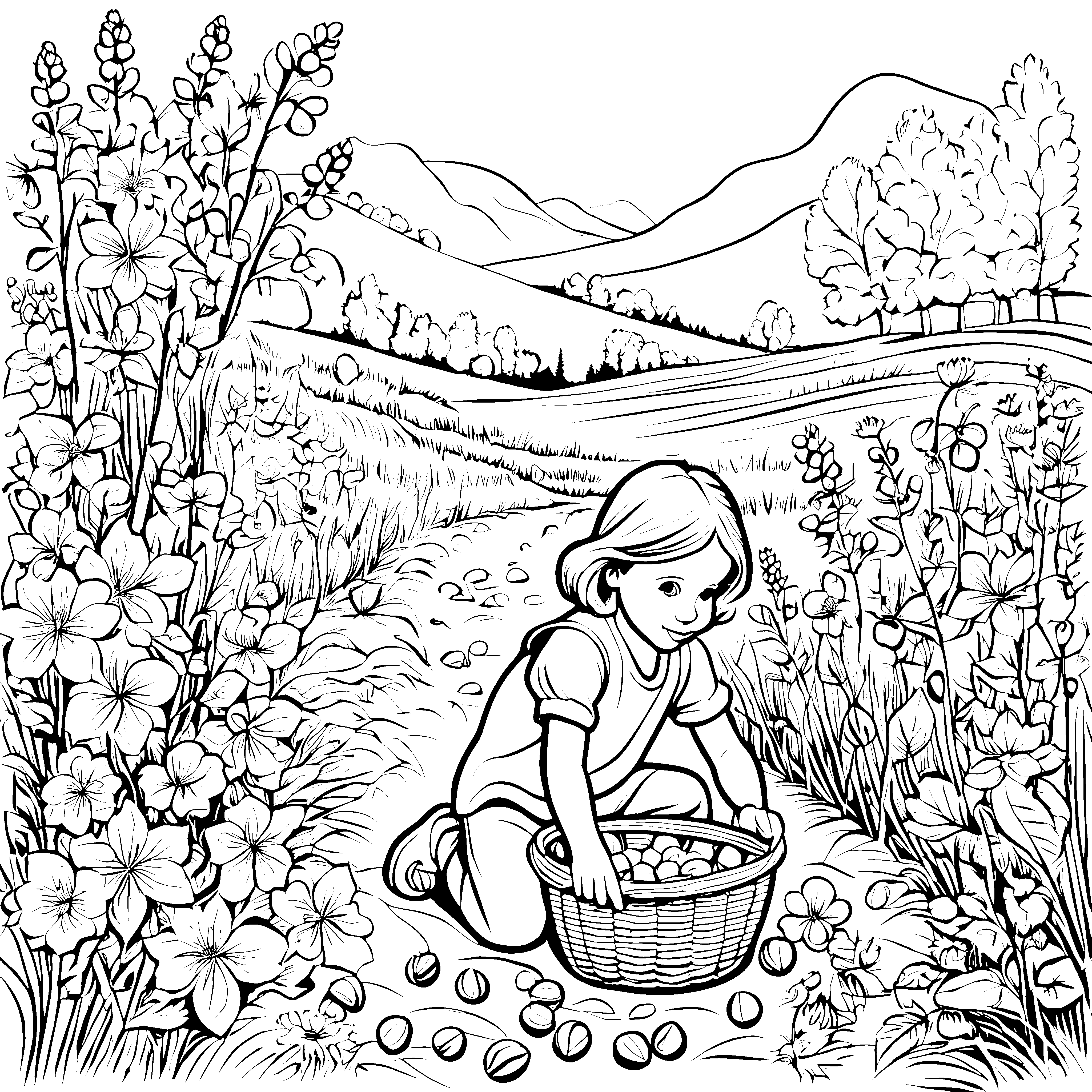 Die Haselnuss-Sammlerin in der Blumenwiese am Hügel