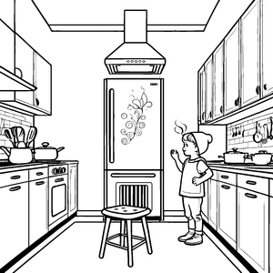 Die moderne Küche mit Dunstabzugshaube und Kühlschrank Ausmalbild fuer kleine Entdecker