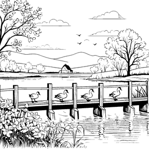 Gänse auf der Brücke im Hof bei malerischer Landschaft