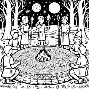 Die Kelten am nächtlichen Feuer mit Fackeln - Ausmalbild fuer kleine Tierfreunde